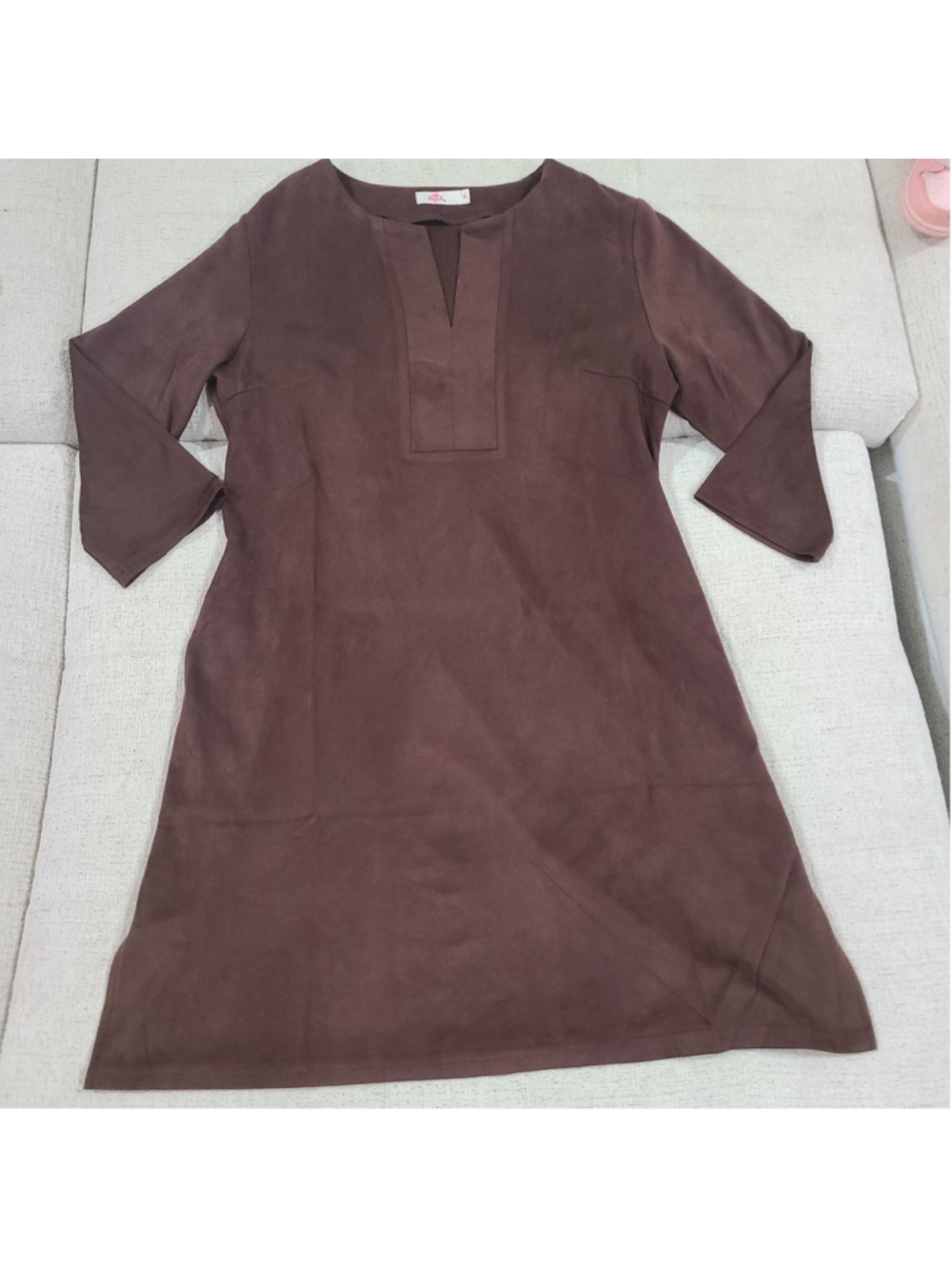 Aryeh Womens Faux Suede 3/4 Sleeve Shift Dress Sz XL Brown Split Hem Fall Autumn